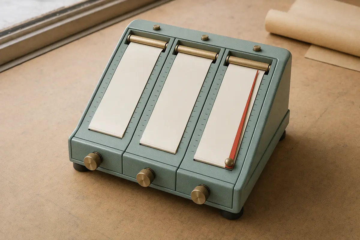 A sea-green planning instrument with three paper tracks and a red forecast needle